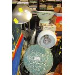 A group of light fittings, comprising white metal finish table lamp, chrome finish table lamp, and a