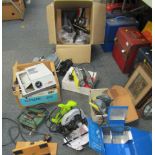 Various woodworking tools, comprising a Guild 1200w circular saw, camping gas stove box, a Black & D