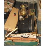 Brass oil lamps, binoculars, framed pictures, lady's handbags, etc. (1 box)