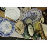 A large blue and white meat plate, clock, copper vase, toilet basket and two table lamps, blue and w