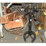 A wire work basket, wooden tool chest, wood plane, fireside sets, etc. (a quantity)