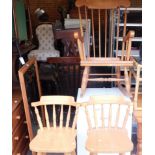 A pine rocking chair, and two high chairs. (3)