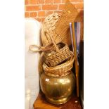 A copper bowl, various wicker baskets, fans, etc. (a quantity)