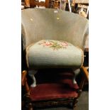 A Lloyd Loom style tapestry seated chair, and a pink upholstered bedroom chair. (2)