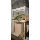 A pine table, rugs, white topped tables, bedside, wrought rack, suitcase, etc. (a quantity)