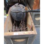 A wooden bound trunk, various surveyors signs and a saucepan. (a quantity)