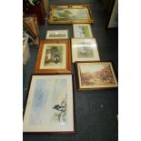 A collection of pictures and prints, coastal scenes, large oil of men in fields, etc. (a quantity)