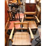 Four various chairs, comprising two stained pine Arts & Crafts chairs with ceramic casters, and two