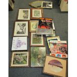 Pictures and prints, raised relief hardboard prints, aerial views, mirror, etc. (1 box)