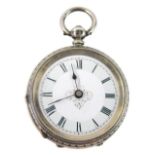 A 19thC silver fob watch, with white enamel Roman numeric floral dial, an embossed case, 43g all in.