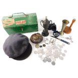 Various bygones and collectables etc., measuring tapes, station master style cap, and various pocke