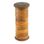 A 19thC sycamore four sectional spice tower, cloves, nutmeg, ginger and cinnamon, with removable sec