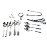Various silver and other flatware, George IV Old English pattern teaspoon, bright cut, pair of silve