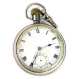An early 20thC silver open faced pocket watch, with 4cm diameter Roman numeric dial and Arabic subs