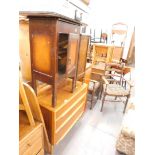 A retro chest of three drawers, two pot cupboards, two suitcases, two oak sidchairs, retro chest of