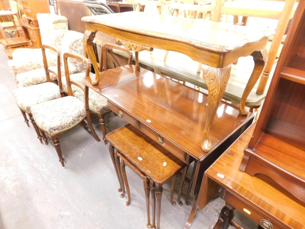 A mahogany and beech coffee table, a reproduction mahogany sofa table and a nest of three walnut tab