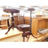 A pair of mahogany wine tables, each on turned column tripod bases and a similar plant stand. (3)
