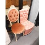 A French style painted bedroom chair with padded back and seat, and another bedroom chair. The uphol