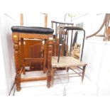 A Victorian pitch pine stool with chair back and padded seat, an Arts & Crafts nursing chair and a l