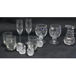 Various G2 Gleneagles and other glassware, pair of champagne flutes, 25cm high, one marked Happy Ann