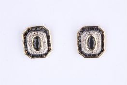 + VAT Pair Ladies Gold Obsidian and Diamond Earrings With Larger Central Obsidian