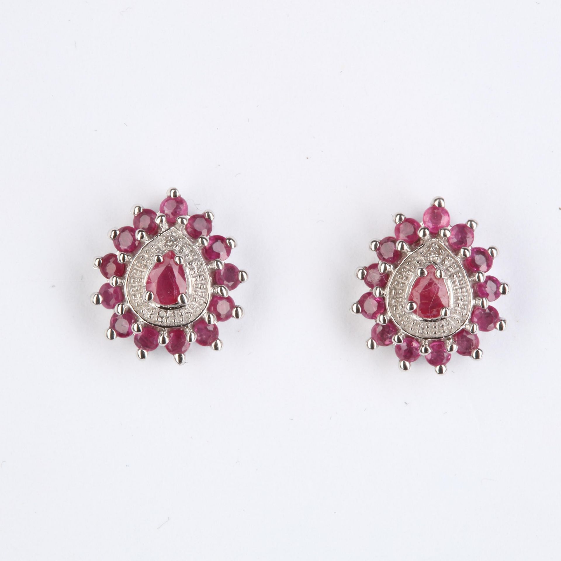 + VAT Pair Ladies Silver Ruby and Diamond Tear Drop Earrings