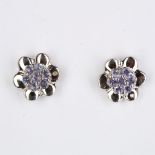 + VAT Pair Ladies Silver Sapphire and Diamond Earrings In Flower Design