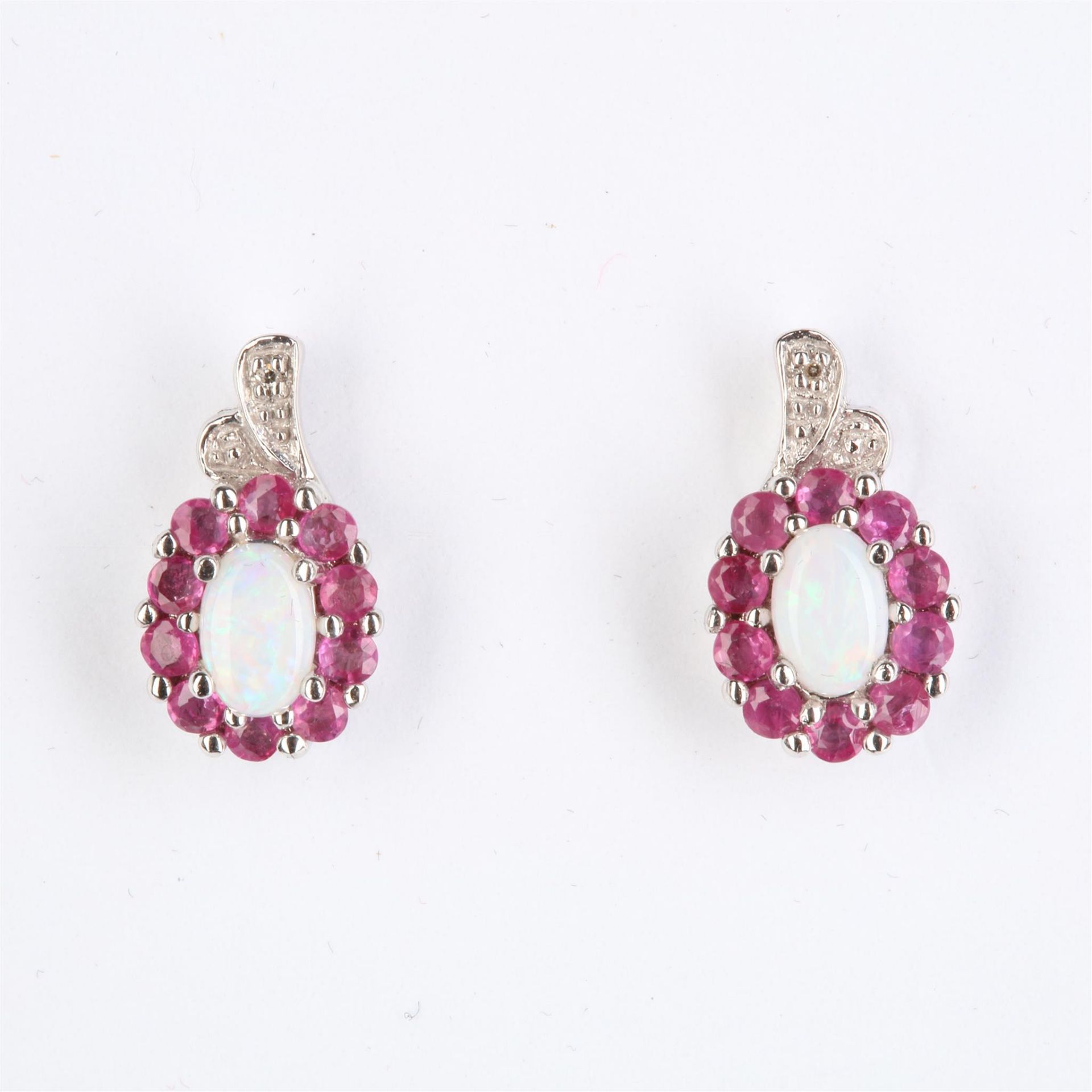 + VAT Pair Ladies Silver Ruby and Opal Earrings
