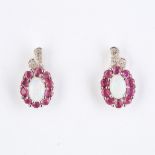 + VAT Pair Ladies Silver Ruby Pearl and Diamond Earrings