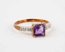 + VAT Ladies 9ct Yellow Gold Amethyst and Diamond Ring With Central Square Amethyst