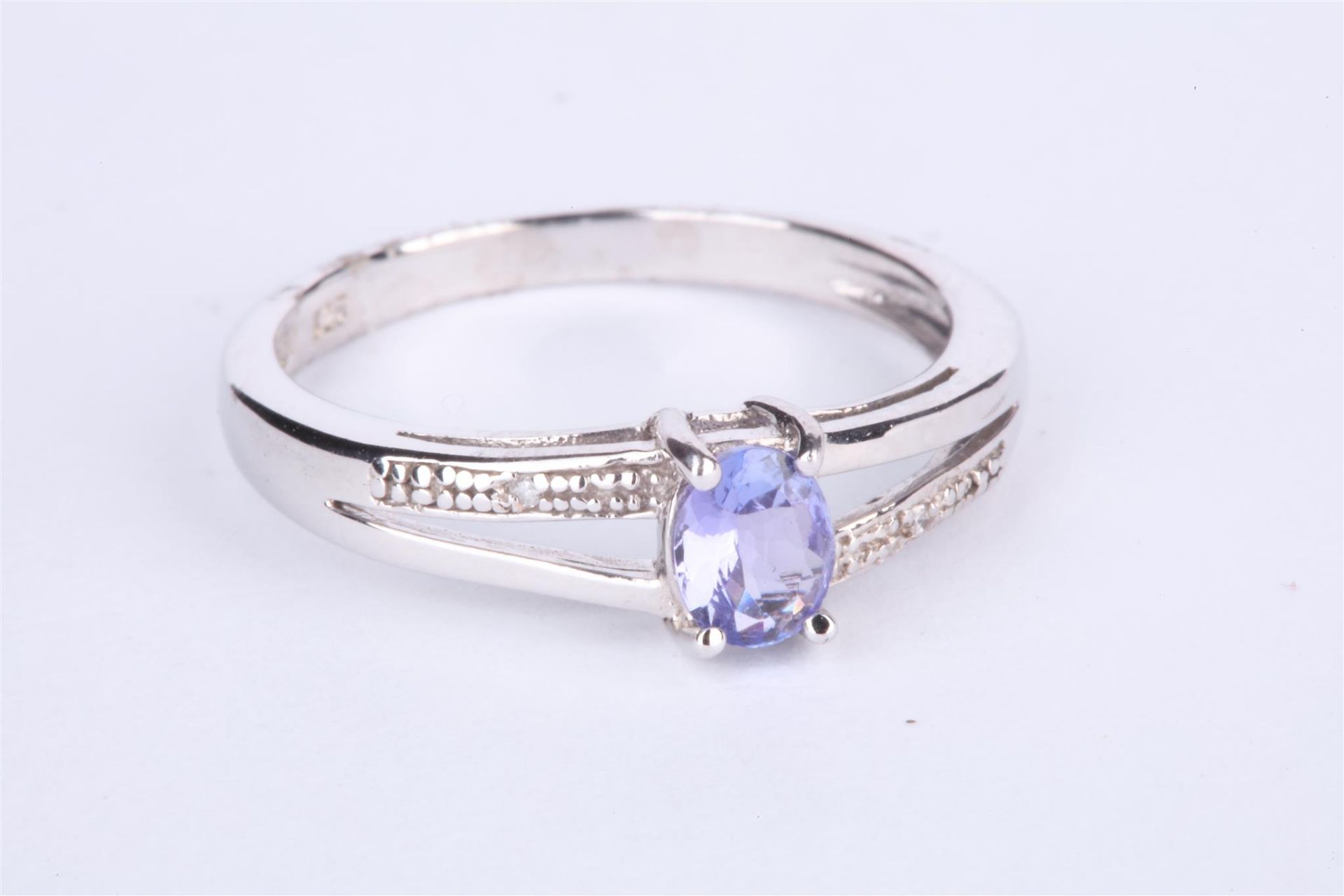+ VAT Ladies Silver Amethyst and Diamond Ring In Crossover Design