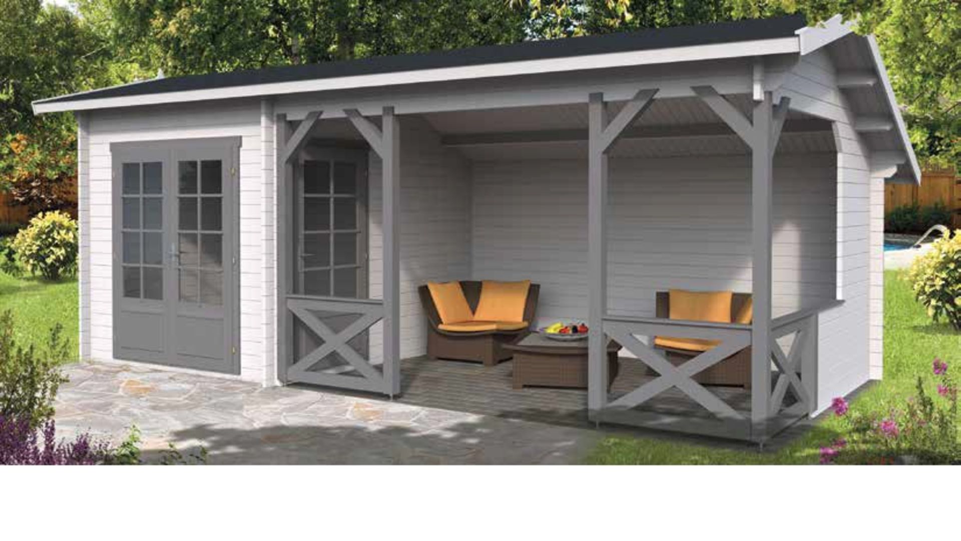 + VAT Brand New 21.3m Sq Spruce Carol Grill Cabin - 40mm Thickness - 282 x 667 x 320cm - Pallet