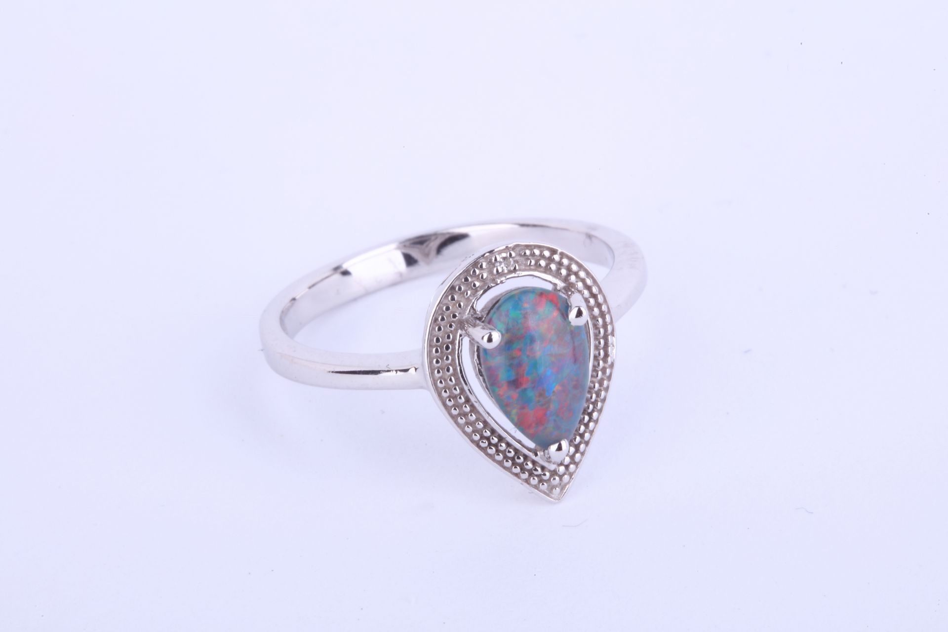 + VAT Ladies Silver Blue/Green Opal And Diamond Ring In Tear Drop Design