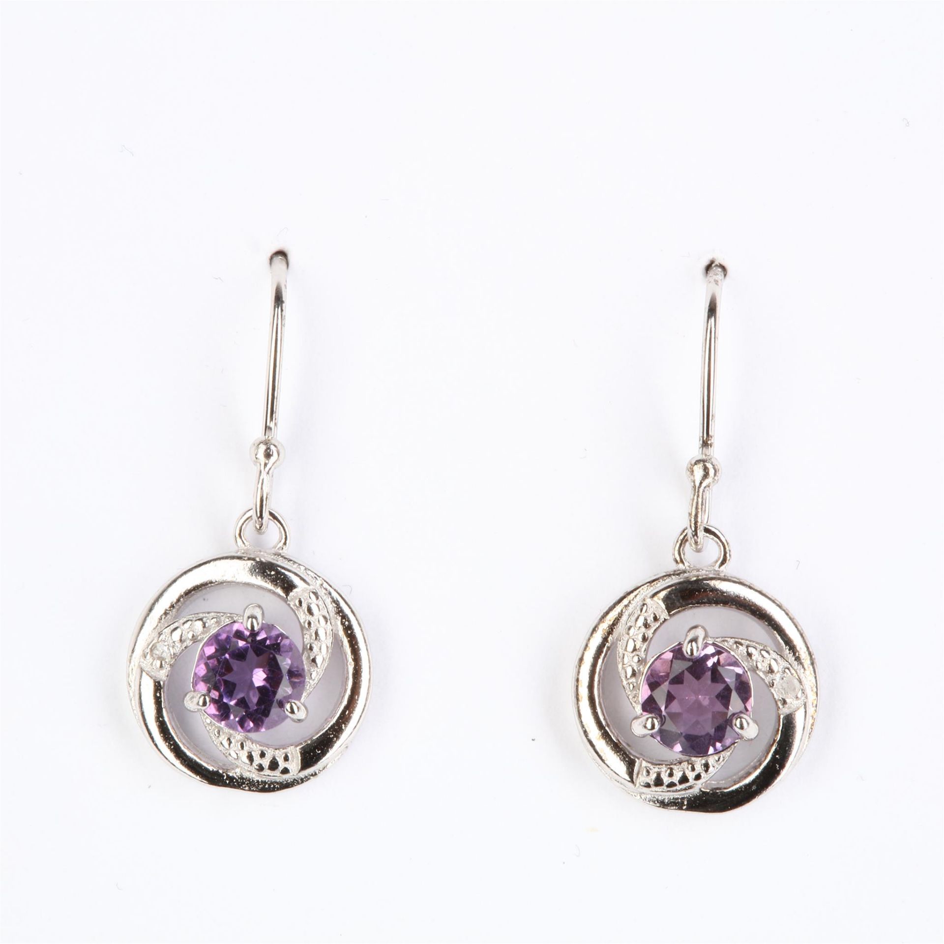 + VAT Pair Ladies Silver Amethyst and Diamond Circular Earrings With Central Amethyst