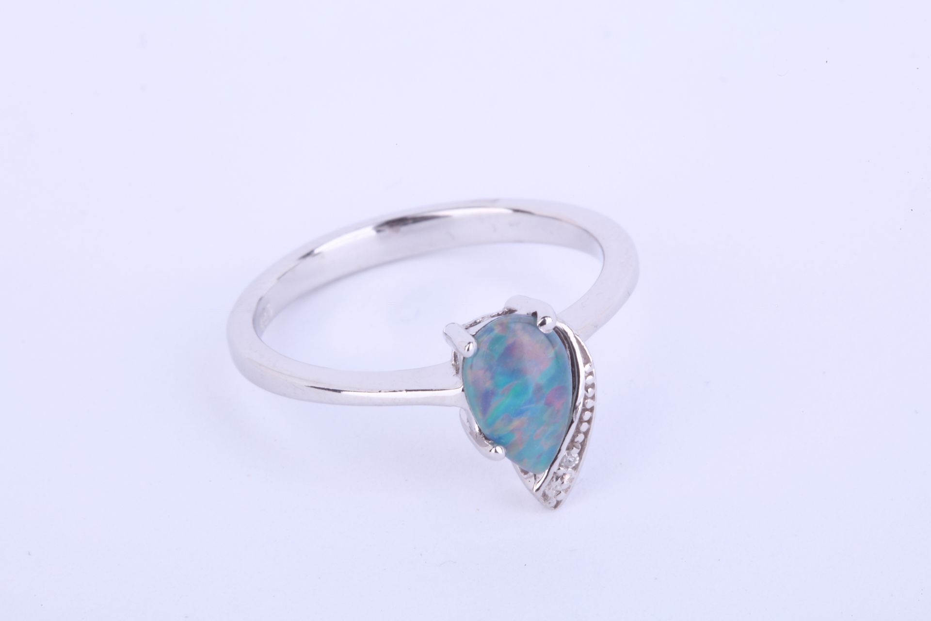 + VAT Ladies Silver Blue/Green Opal And Diamond Ring In Tear Drop Design