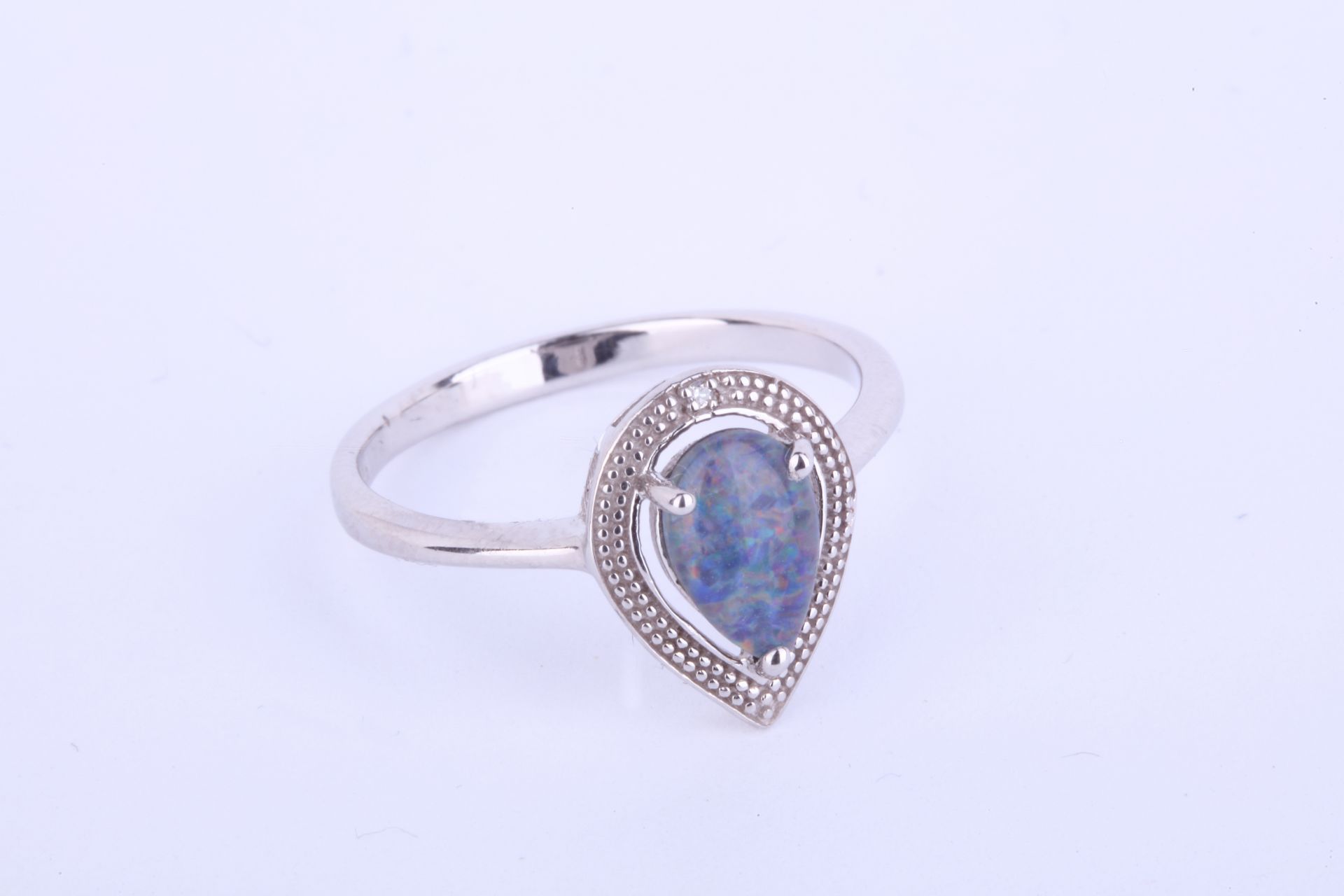 + VAT Ladies Silver Blue/Green Opal And Diamond Ring In Tear Drop Design