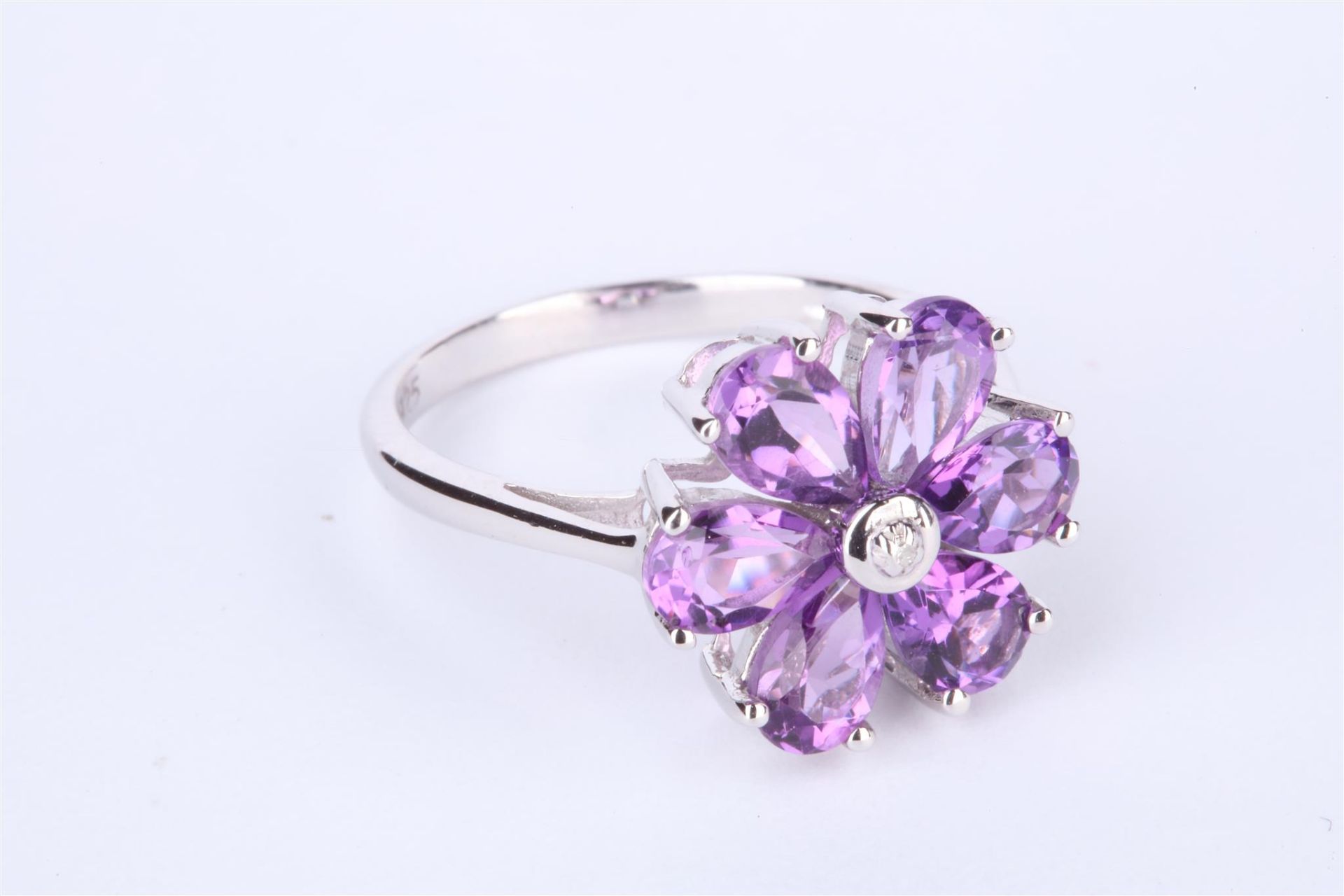 + VAT Ladies Silver Amethyst and Diamond Flower Design Ring