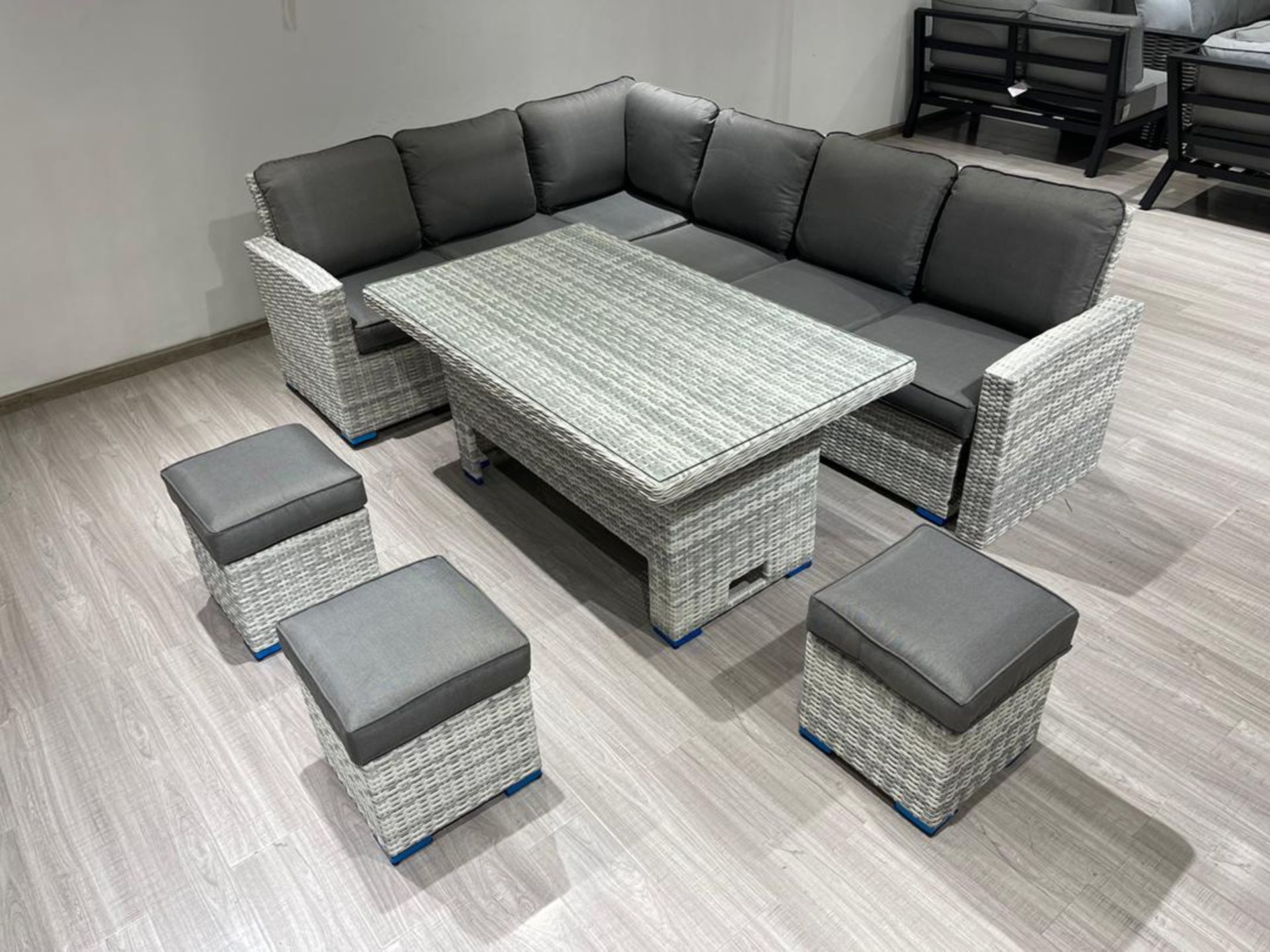 + VAT Brand New SPR £3099.99 Luxury 8 Seater Adjustable Height Light Grey Rattan Corner Dining