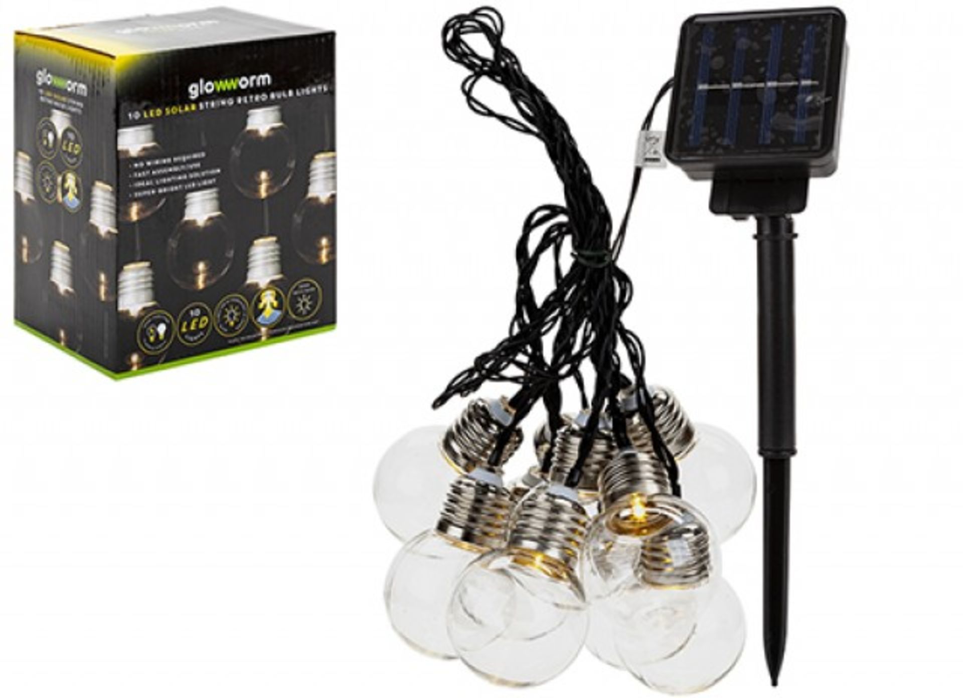 + VAT Brand New 10 LED Solar String Retro Bulb Lights - Warm White Bulbs - Super-Bright Led Light