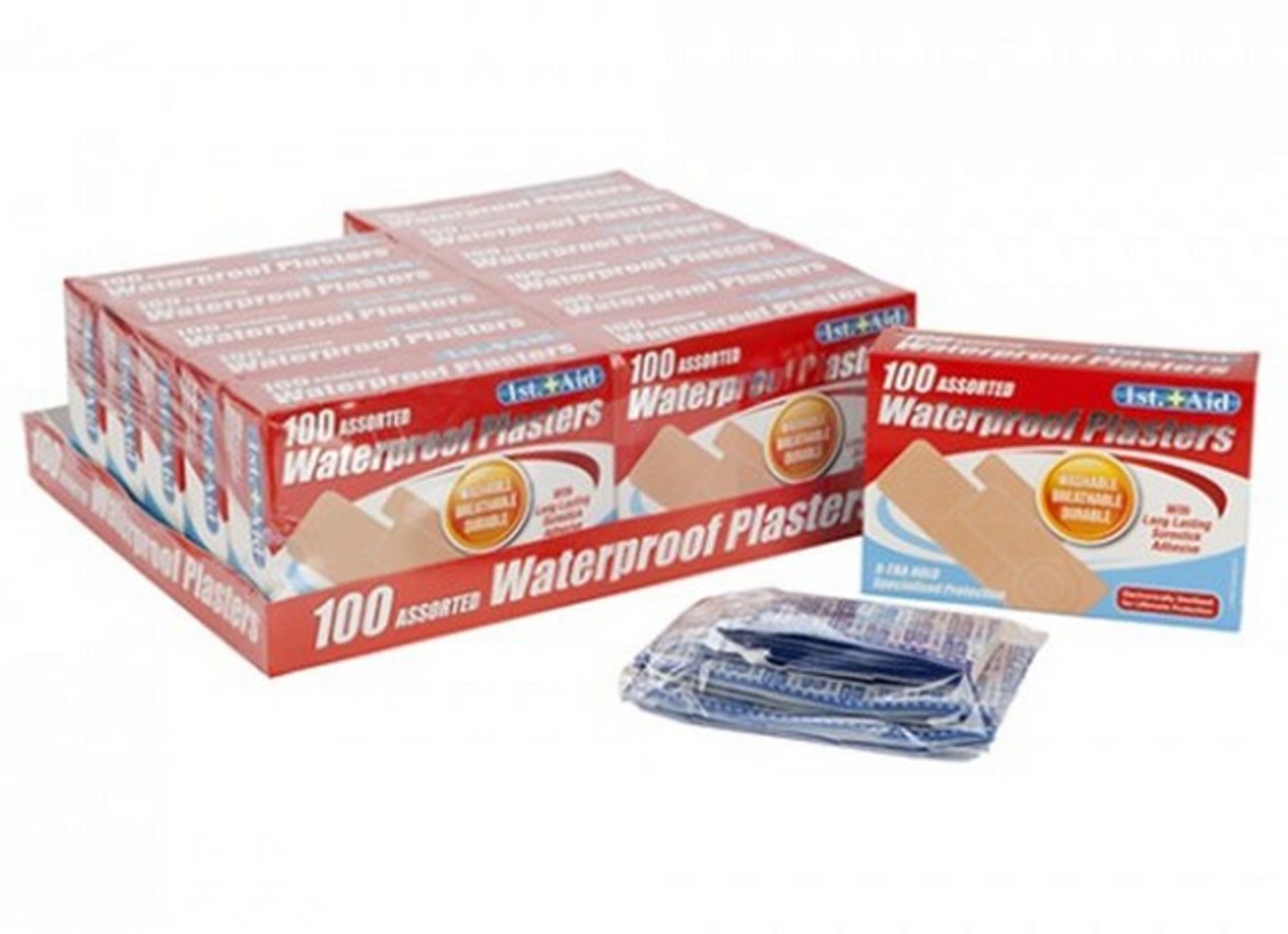 + VAT Brand New Twelve Boxes of 100 assorted waterproof plasters (Exp 06/2018)