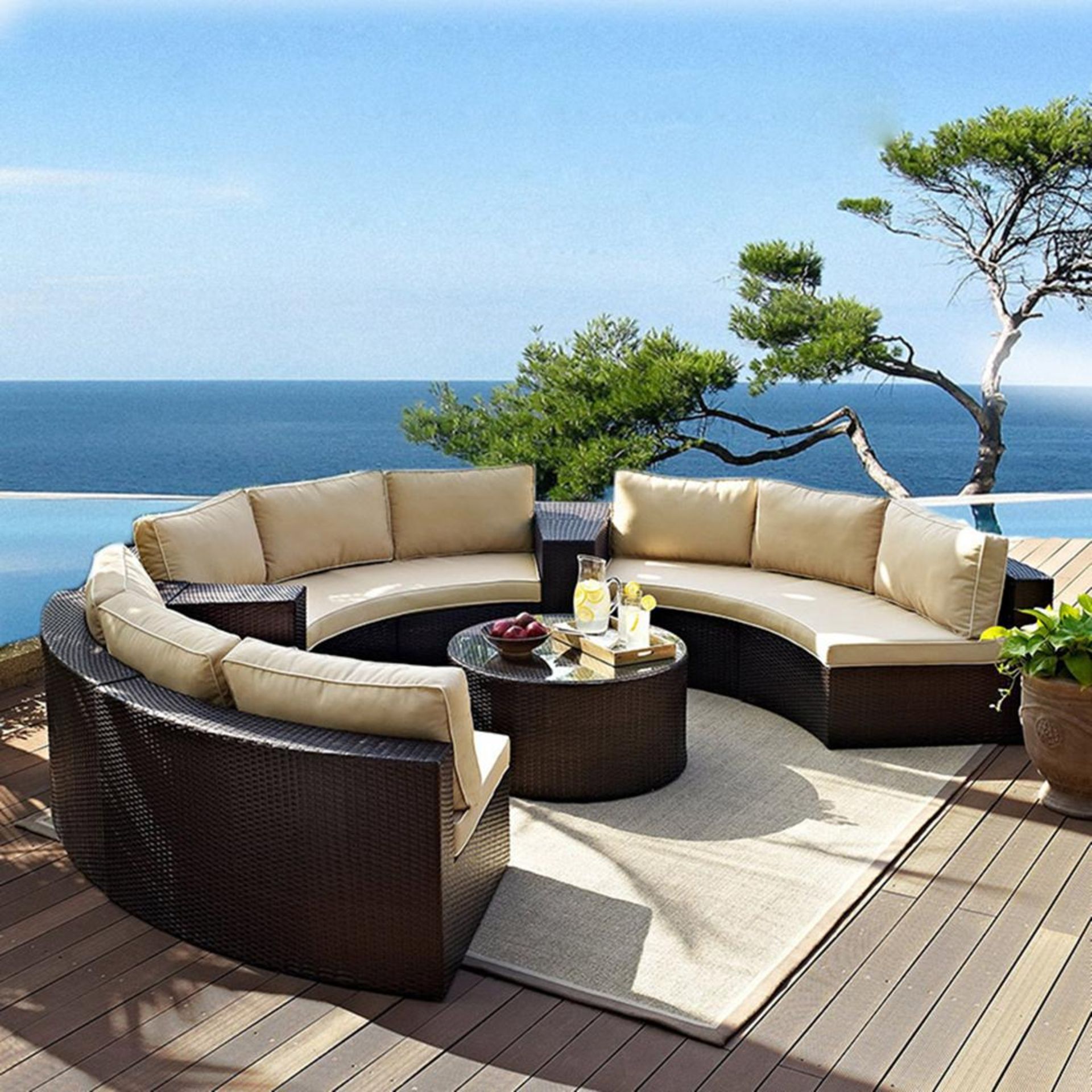 + VAT Brand New Very Large 9 Seater Circular Day Bed/Outdoor Seating Set With Circular Glass Topped