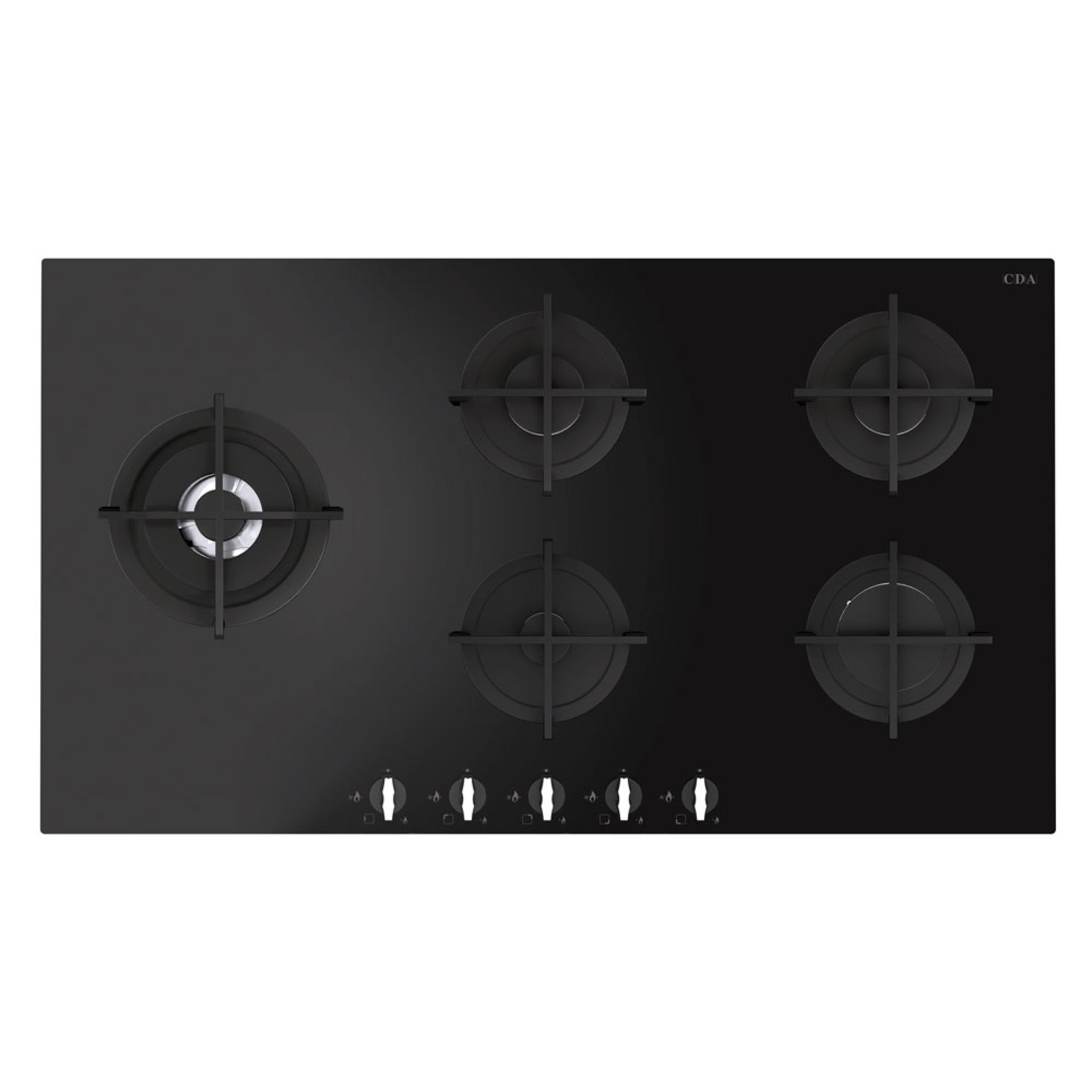 + VAT Grade A CDA HVG97BL Five Burner Gas Hob - Black On Glass Design - Cast Iron Pan Support -