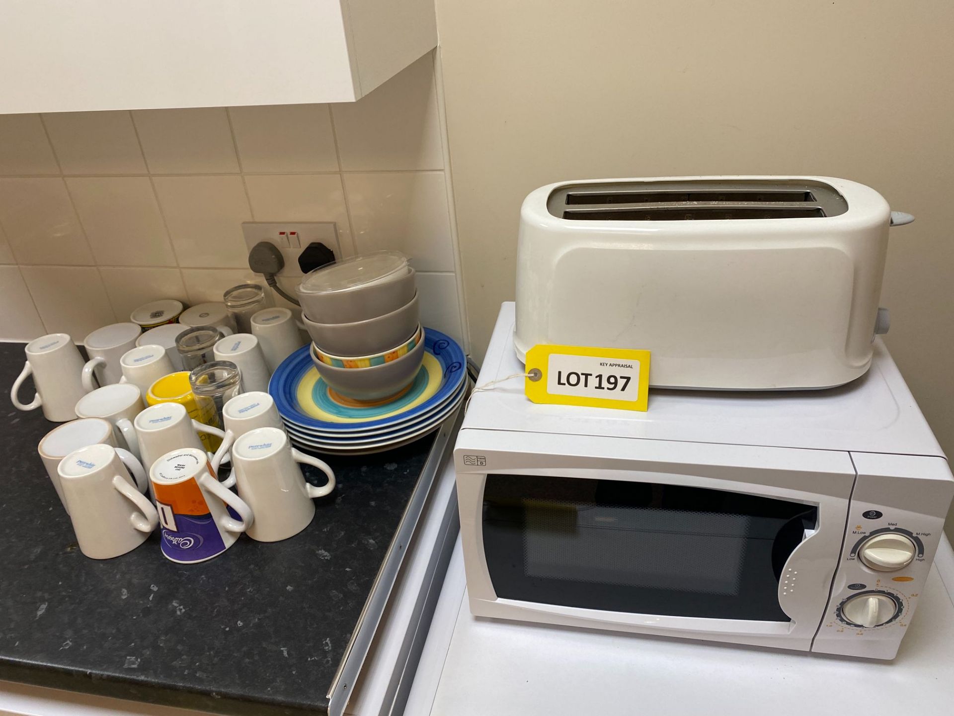 Currys Essentials microwave oven, Tesco 4-slice toaster, qty crockery & cutlery as lotted