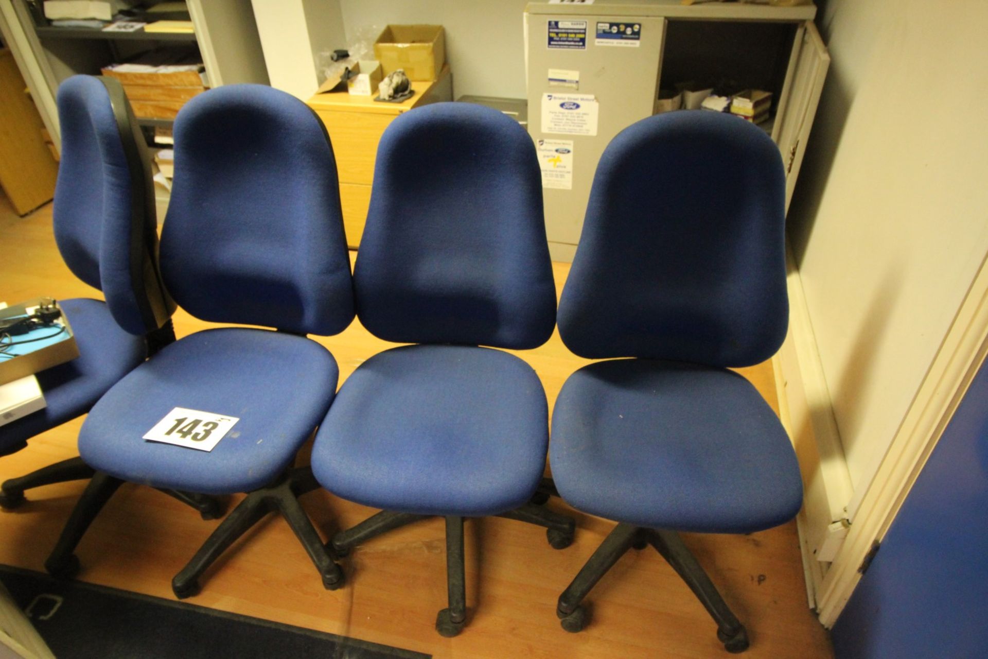 4x TYPIST'S, BLUE, SWIVEL CHAIRS