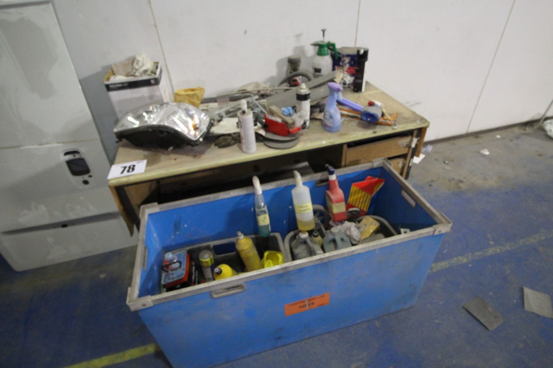 STRAIGHT EDGE DESK AND CONTENTS OF MISCELLANEOUS, BLUE CHEST AND CONTENTS OF VARIOUS BODY SHOP