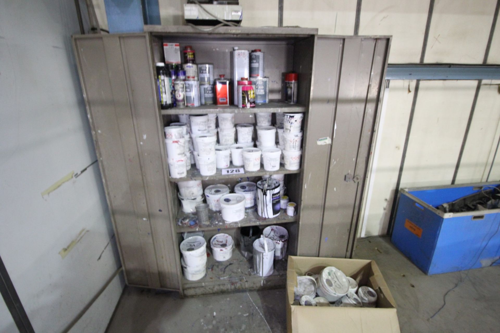 METAL, 6', DOUBLE DOORED CUPBOARD, AND CONTENTS OF PAINT, AND MICROFICHE READER, ETC