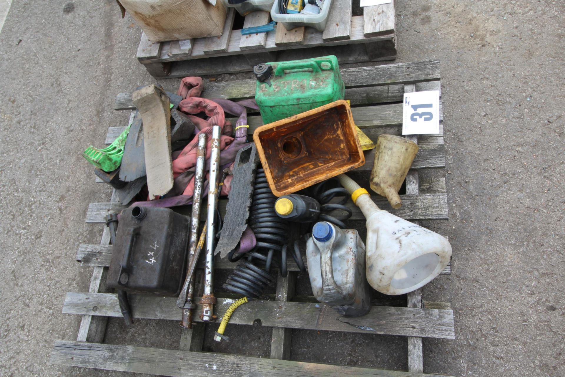 CONTENTS ON PALLET OF PETROL CANS, FUNNELS & MISC.