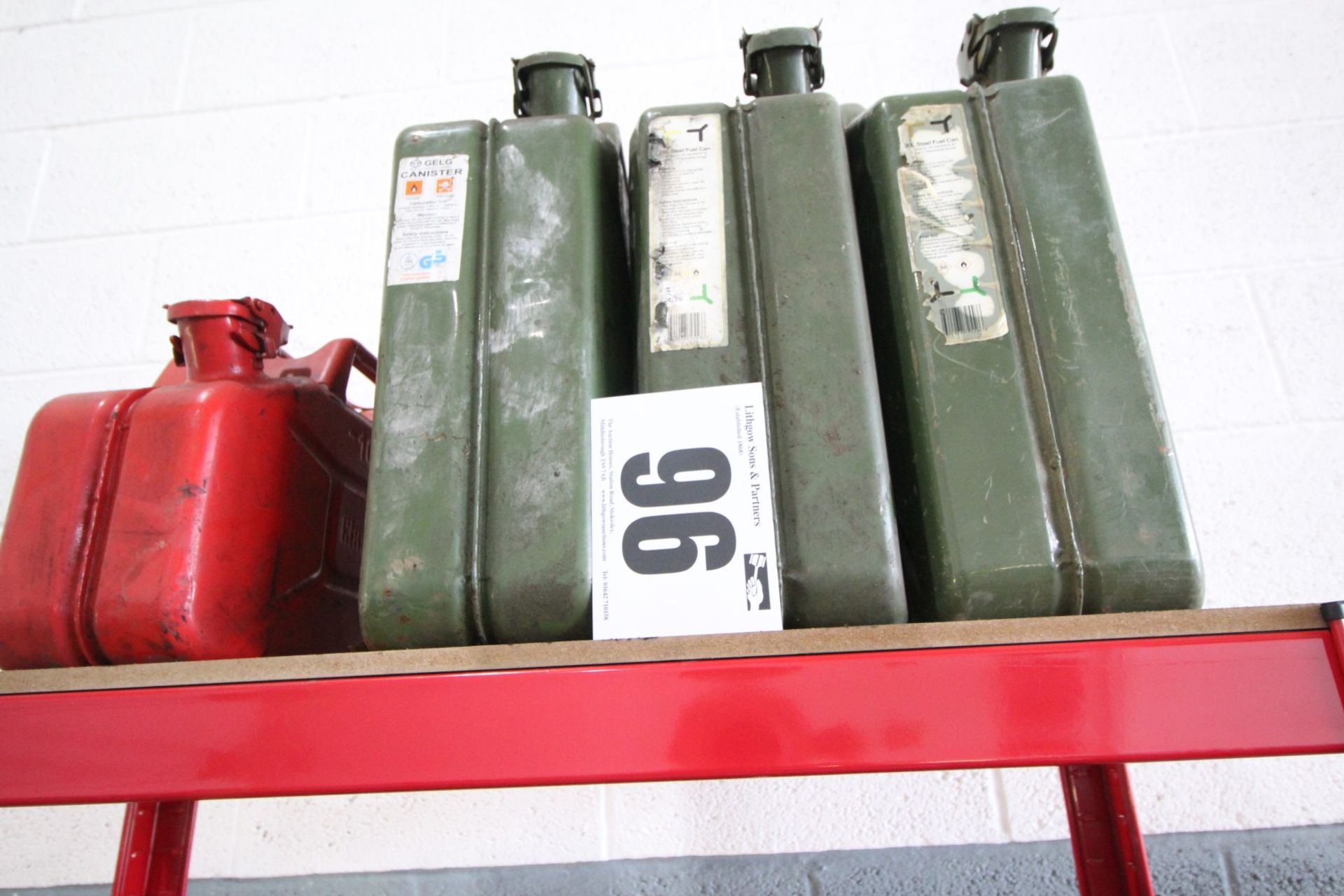 3 JERRY CANS & 1 RED FUEL CAN