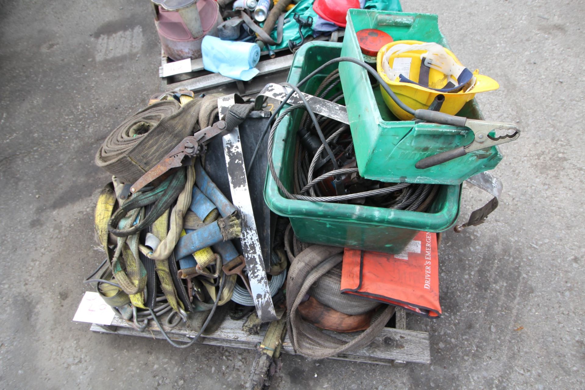CONTENTS ON PALLET OF LIFTING SLINGS, STRAPS, TRANSFORMER, STEEL ROPE & MISC.
