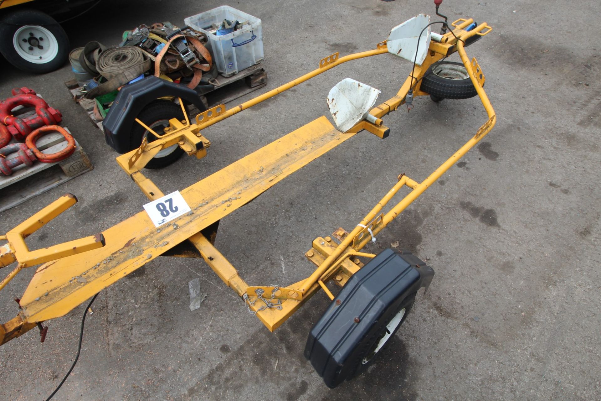 YELLOW PAINTED, STEEL FABRICATED SINGLE MOTORBIKE RECOVERY TRAILER WITH 2 WHEELS